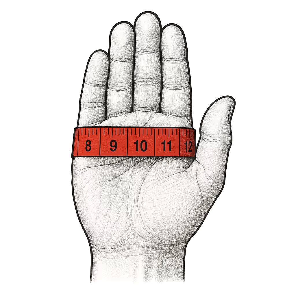 A drawing of an open hand with a measuring tape wrapped around the knuckles, below the fingers and above the thumb.